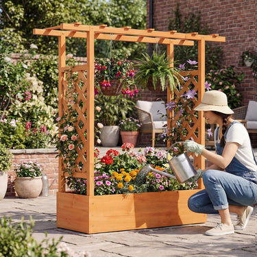 114cm Freestanding Elevated Garden Bed with Trellis for Outdoor Climbing Plants Flowers