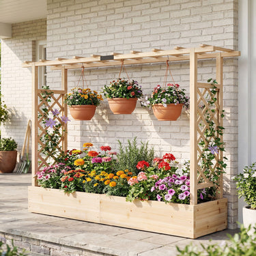 114cm Freestanding Wooden Raised Garden Bed with Trellisand Hanging Roof