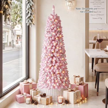 150/180/210cm Flocked Pre-Lit Pencil Christmas Tree with 8 Modes
