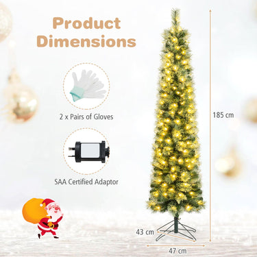 155/185cm Pre-Lit Pencil Artificial Christmas Tree with 120 LED Warm White Lights 198/264 Branch Tips
