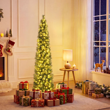 155/185cm Pre-Lit Pencil Artificial Christmas Tree with 120 LED Warm White Lights 198/264 Branch Tips