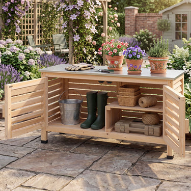 2-Door Potting Table with Stainless Steel Countertop and Fir Wood Frame L-Shaped Shelf