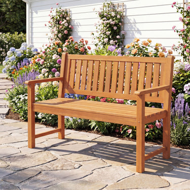 2-Seater Outdoor Wooden Bench with Backrest and Armrests