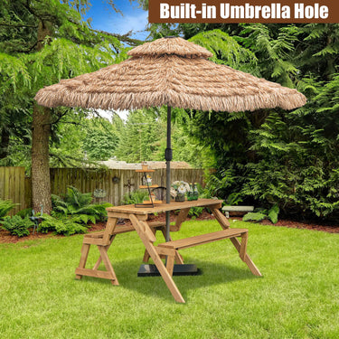 2-in-1 Transforming Interchangeable Wooden Picnic Table with Built-in Umbrella Hole