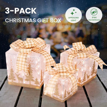 3 Pack Pre-Lit Christmas Gift Box with 100 Light Bulbs