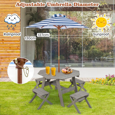 Kids Picnic Table with 4 Chairs and Adjustable Umbrella for Patio Garden Backyard