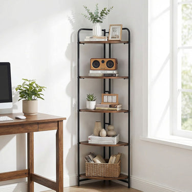 5-Tier Folding Corner Shelf with Heavy-duty Metal Frame and 2 Anti-tip Kits