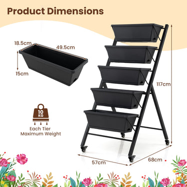 5-Tier Vertical Raised Garden Bed with Wheels and Drainage Holes for Backyard