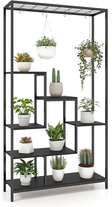 6-tier Tall Plant Stand, 180 CM Metal Indoor Plant Shelf w/ 10 Hanging Hooks & Wire Shelf for Multiple Plants - PatiojoyAU