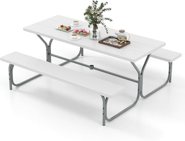 1.8m Picnic Table Bench Set, Outdoor Dining Table & 2 Benches with Metal Frame & All-Weather HDPE Tabletop - PatiojoyAU