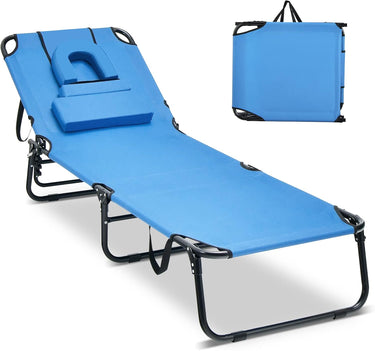Face Down Tanning Chair, Beach Lounge Chair with 5-Level Adjustable Backrest & 3 Removable Pillows - PatiojoyAU