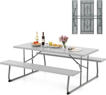 Folding Picnic Table with 2 Benches, 1.8m Camping Table Set w/Metal Frame & All-Weather HDPE Tabletop - PatiojoyAU