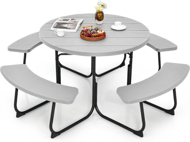 8-Person Round Picnic Table Bench Set, Outdoor Circular Picnic Table with 4 Benches & Umbrella Hole - PatiojoyAU