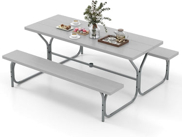 1.8m Picnic Table Bench Set, Outdoor Dining Table & 2 Benches with Metal Frame & All-Weather HDPE Tabletop - PatiojoyAU