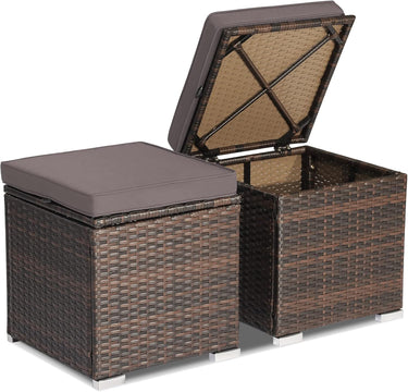 2-Pieces Patio Ottomans, Outdoor Hand-Woven PE Rattan Side Table w/Removable Cushion & Hidden Storage Space - PatiojoyAU