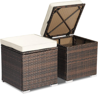 2-Pieces Patio Ottomans, Outdoor Hand-Woven PE Rattan Side Table w/Removable Cushion & Hidden Storage Space - PatiojoyAU