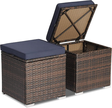 2-Pieces Patio Ottomans, Outdoor Hand-Woven PE Rattan Side Table w/Removable Cushion & Hidden Storage Space - PatiojoyAU