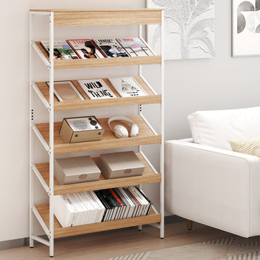 6 Tier Bookshelf, 161 cm Tall Freestanding Slant Display Shelf w/Heavy-Duty Metal Frame