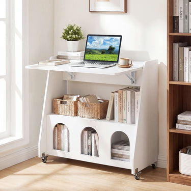 Folding Workstation on Wheels with Shelves for Small Space Home Office