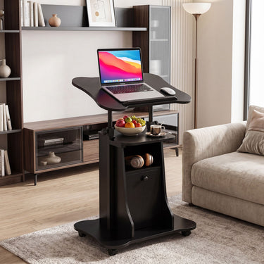 Height Adjustable Laptop Table with Tilting Tabletop and Storage Shelves Lockable Casters