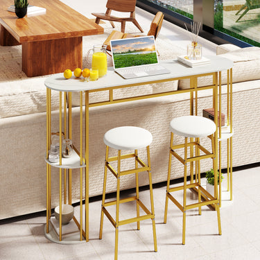 150 cm Long Bar Table, Narrow Pub Table with Faux Marble Tabletop & Storage Shelves