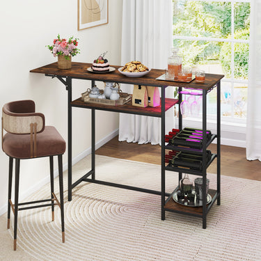 Counter Height Bar Table with RGB LED Lights, Rectangular Pub Table with Foldable Top, Storage Shelves