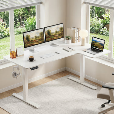 L-Shaped Electric Standing Desk, 140 x 85 CM/160 x 85 CM Height Adjustable Computer Table with Memory Controller and Side Hooks