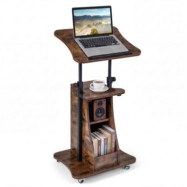 Multifunctional Laptop Rolling Podium Stand with Tilting Tabletop and Storage Shelves