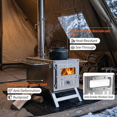 Hot Tent Stove Portable Wood Burning with 7 Pipes and Spark Arrestor