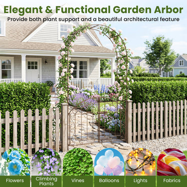 200 cm Garden Arch with Gate, Heavy-Duty Metal Arbor Trellis for Climbing Plants