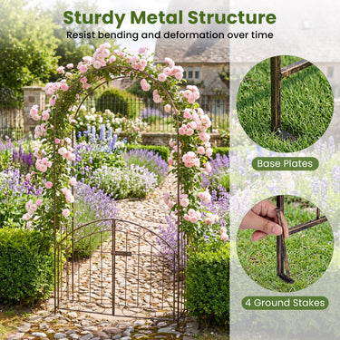 200 cm Garden Arch with Gate, Heavy-Duty Metal Arbor Trellis for Climbing Plants
