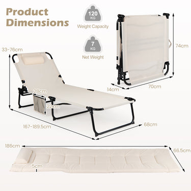 Folding Sun Lounger Foldable Beach Sun Lounger with Adjustable Backrest