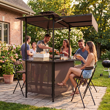 3-Piece Outdoor BBQ Canopy with Bar Table and 2 Folding Bar Stools for Backyard