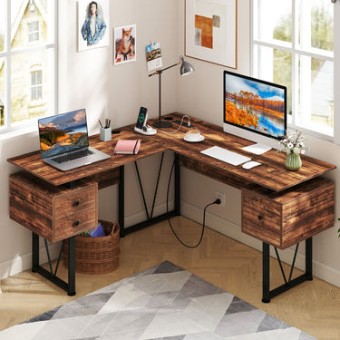 L-shaped Computer Desk with Power Outlets and 3 Storage Drawers