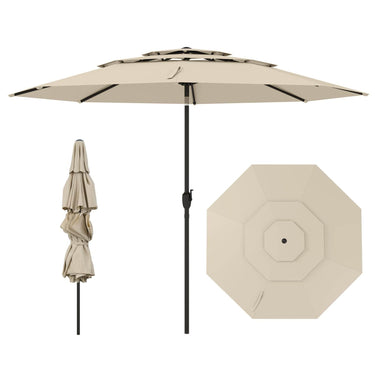 3 m 3-tier Vented Patio Umbrella Large Market Table Umbrella w/Push Button Tilt Crank Handle 8 Sturdy Ribs