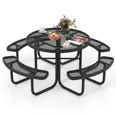 Outdoor Round Picnic Table & Bench Set for 8, 115cm Coated Steel Camping Table with Seats & Umbrella Hole - PatiojoyAU