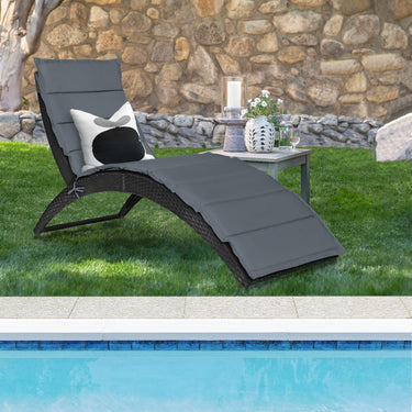 Foldable Patio Rattan Wicker Lounge Chair, Outdoor Reclining Sun Lounger Chair, Portable Rattan Chaise Chair with Cushion - PatiojoyAU