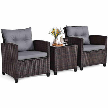 3 Piece Patio Rattan Sofa Set, Outdoor Wicker Conversation Set W/Soft Seat & Back Cushions