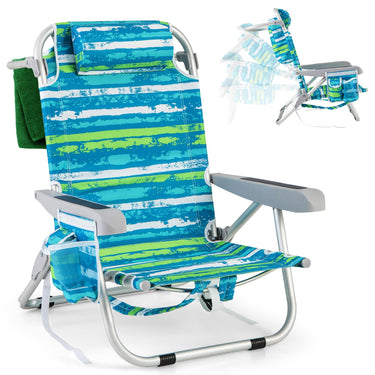Backpack Beach Chair, Foldable 5-Position Lay Flat Lounge Chair w/Cup Holder, Storage Pockets - PatiojoyAU
