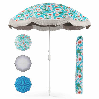 2M Beach Umbrella with Fringe, Outdoor Tassel Umbrella with Push Button Tilt - PatiojoyAU