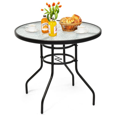 Patio Table, Round Metal Coffee/Tea Table with Tempered Glass Top and Umbrella Hole - PatiojoyAU