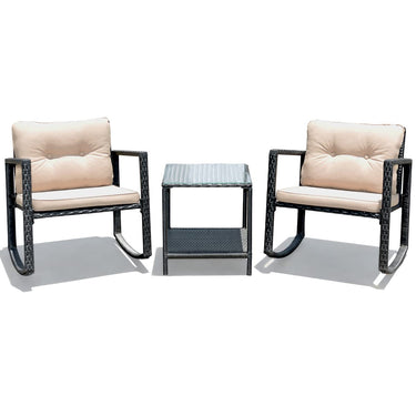 3 Pieces Patio Rocking Chair Outdoor Rattan Wicker Rocking Bistro Set w/Cushioned Seat - PatiojoyAU