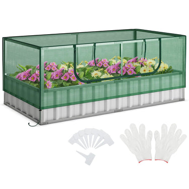 Galvanized Raised Garden Bed w/Mini Greenhouse Cover, Raised Metal Flower Bed w/Large Roll-up Window - PatiojoyAU