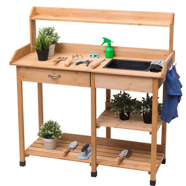 Garden Potting Bench Table, Wooden Potting Work Table w/Open Shelves, Hooks, Removable Sink & Drawer - PatiojoyAU