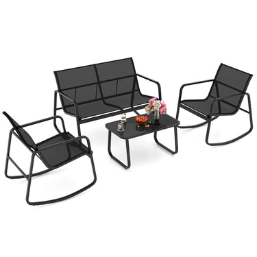 4 Piece Patio Rocking Set, 2 Rocking Chairs & Loveseat with Glass-Top Table - PatiojoyAU