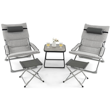 5 Piece Patio Sling Chair Set, Folding Beach Chair w/ 2 Ottoman & Coffee Table - PatiojoyAU