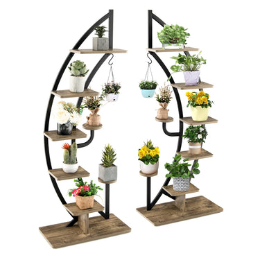 2PCS 6-Tier Tall Metal Plant Stand Rack, Curved Half Moon Shape Ladder Planter Shelf W/ Top Hook - PatiojoyAU