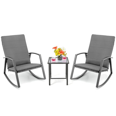 3 Pieces Patio Furniture Set, Durable Mix Gray PE Rattan Rocking Chairs with Tempered Glass Side Table - PatiojoyAU