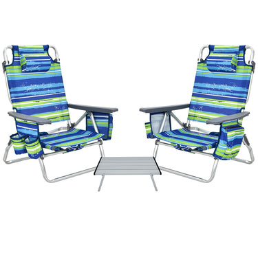 3-Piece Beach Chair Set, 5-Position Reclining Chairs, Outdoor Camping Chairs w/Folding Side Table - PatiojoyAU
