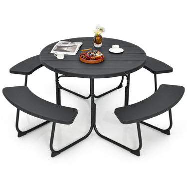 8-Person Round Picnic Table Bench Set, Outdoor Circular Picnic Table with 4 Benches & Umbrella Hole - PatiojoyAU